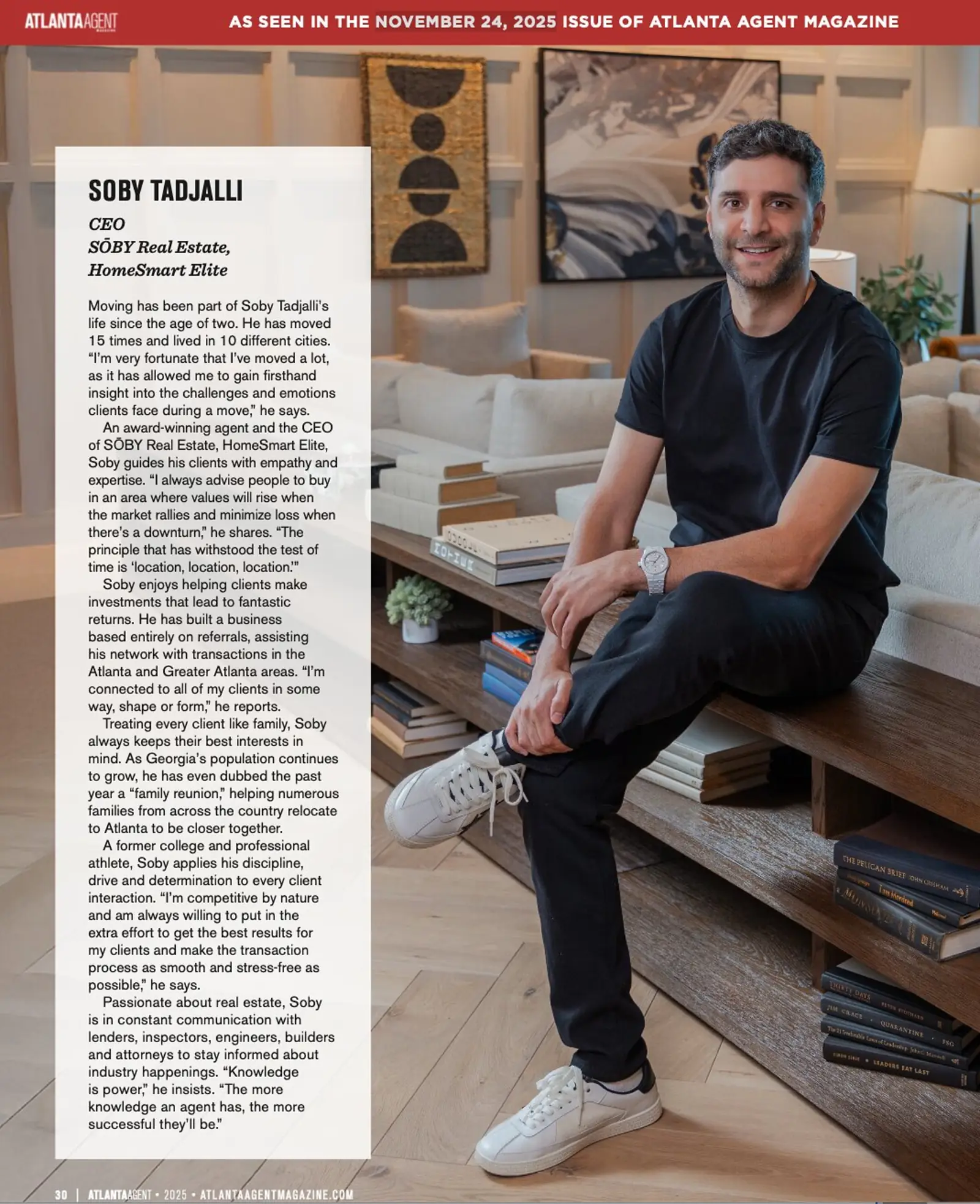 Soby Tadjalli's Atlanta Agent Magazine Nov 2025 Who's Who feature spread — full-page portrait and caption